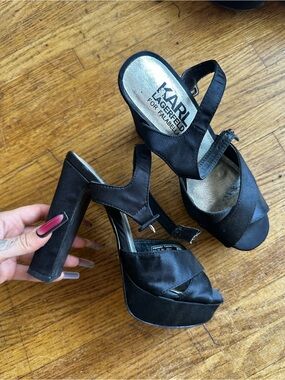 Karl Lagerfeld Black Satin Platform Sandals with Ankle Strap